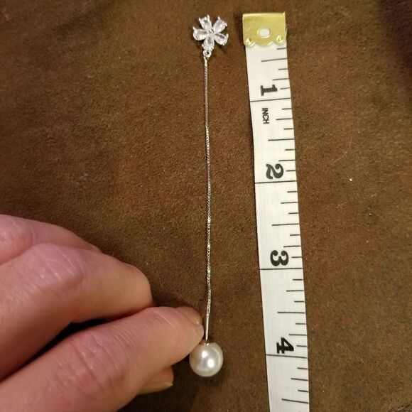 Sterling Silver Long Crystal Flower Pearl Dangle Earrings NEW - Picture 3 of 3